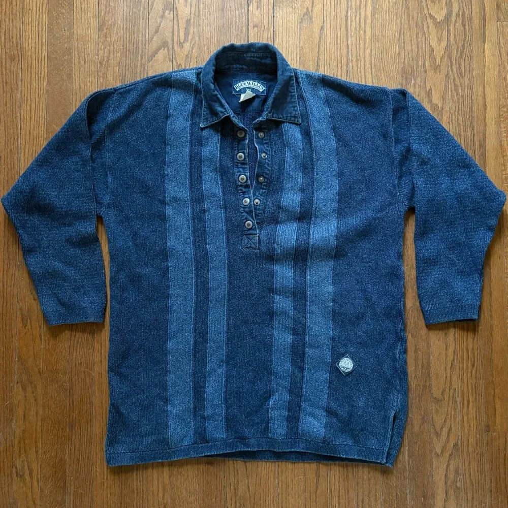 VTG Blue Willi's Heavyweight Pure Indigo Cotton Pullover Henley Sweater